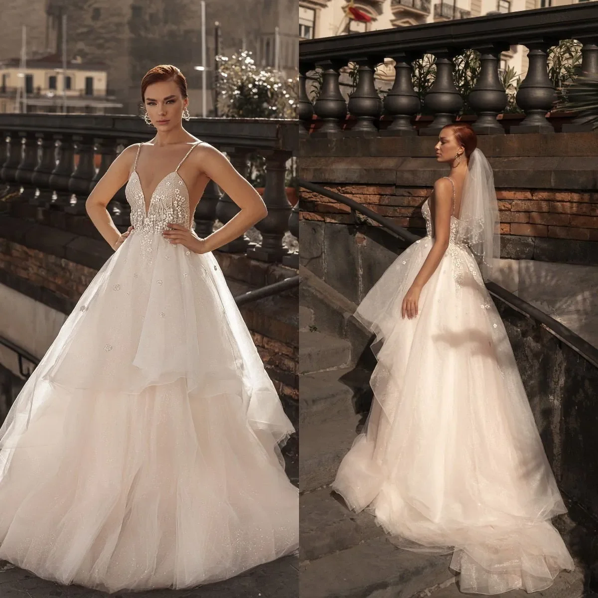 Vestido de novia de lentejuelas de lujo con purpurina, talla grande, cuello en V, Espalda descubierta, calcomanía de cristal, cuentas, cuello de espagueti, nuevo personalizado, 2024