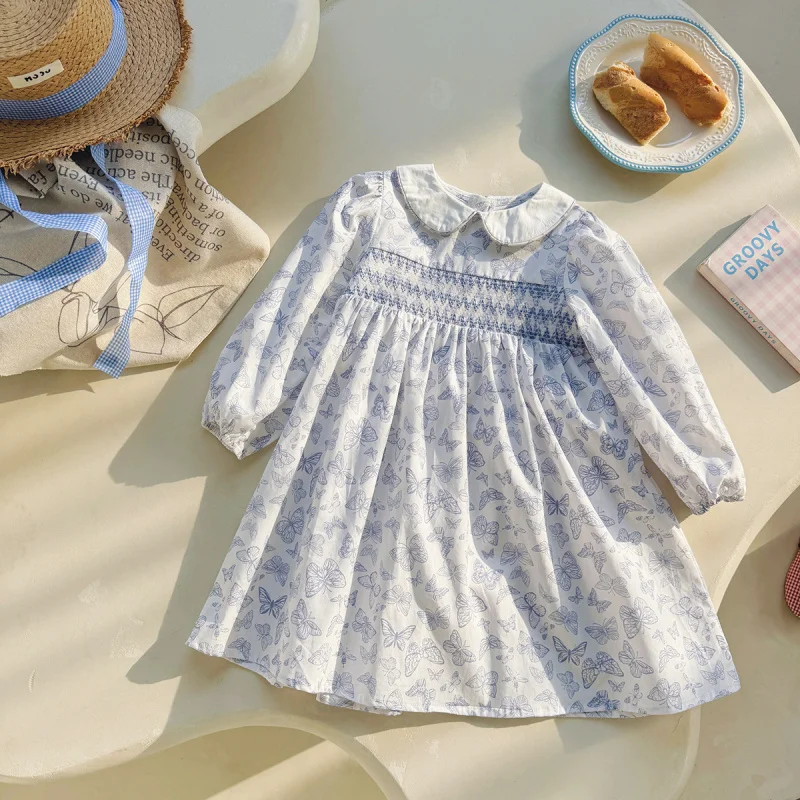 

Doll Collar Elegant Children's Dress2025Autumn French style children's clothing butterfly print long-sleeve girls' dress