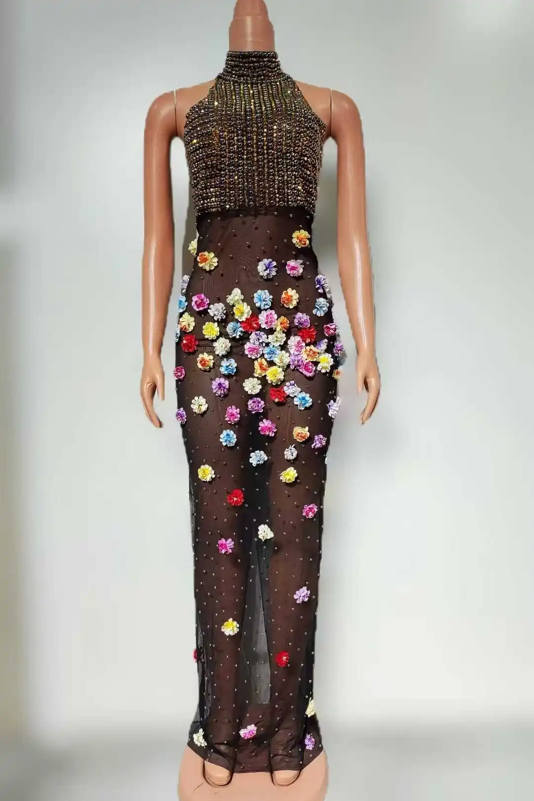 

Eye-catching Sparkle Elegance Sheer Flower Sleeveless Dress For Women Prom Cocktail Las Vegas Show Drag Queen Costumes 2025 New