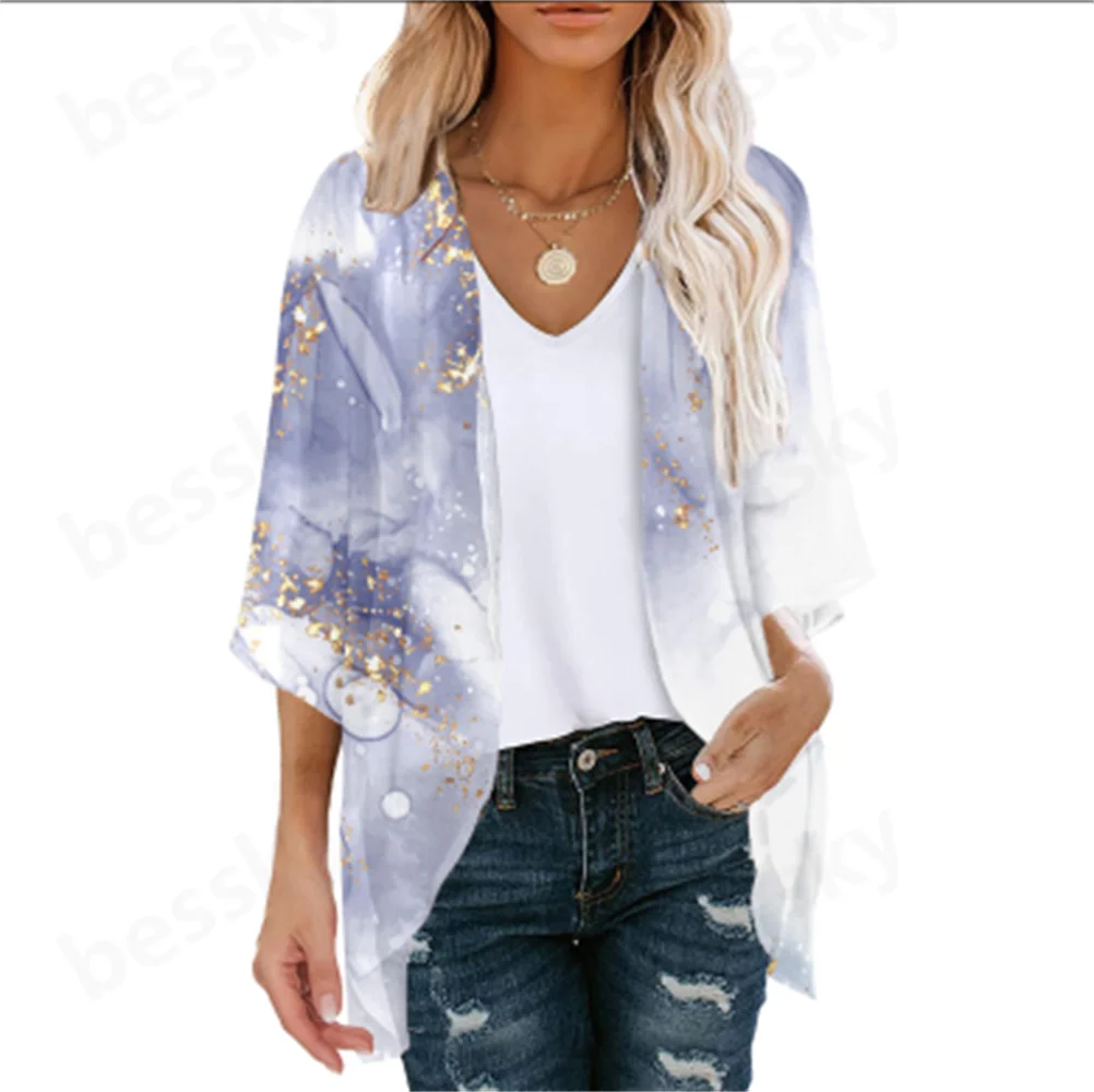 

Ladies Casual Elegant Printed Chiffon Cardigan Sunscreen Top Women's Fashion Outerwear Light Weight Spring Summer