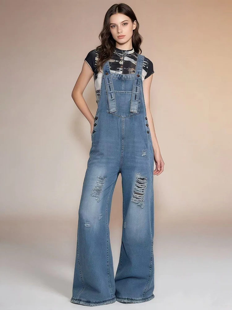 Fashion Retro Ripped Hole Denim Overalls Women New Versatile Loose Wide Leg Pants Streetwear Casual Pockets Jean Jumpsuits