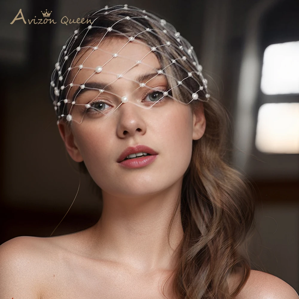 

TOPQUEEN фата с искусственным жемчугом, украшенная свадебными аксессуарами, белая сетчатая женская фата в виде птичьей клетки, маскарадная фата на заказ, матч MA52