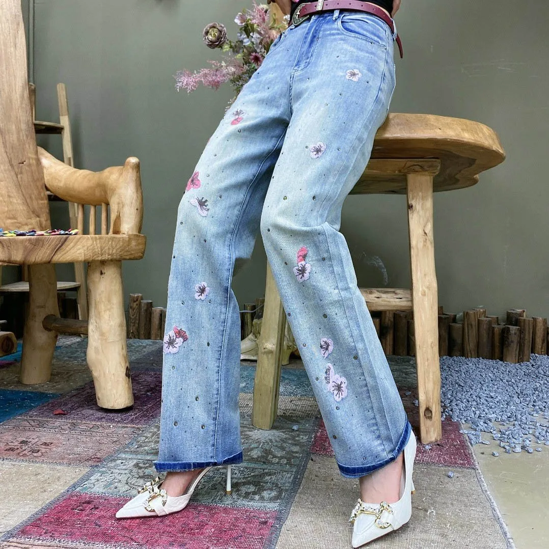 

Джинсы Ele с вышивкой сакуры, легкие, из денима, с высокой талией, с объемной вышивкой, прямые, широкие, в пол