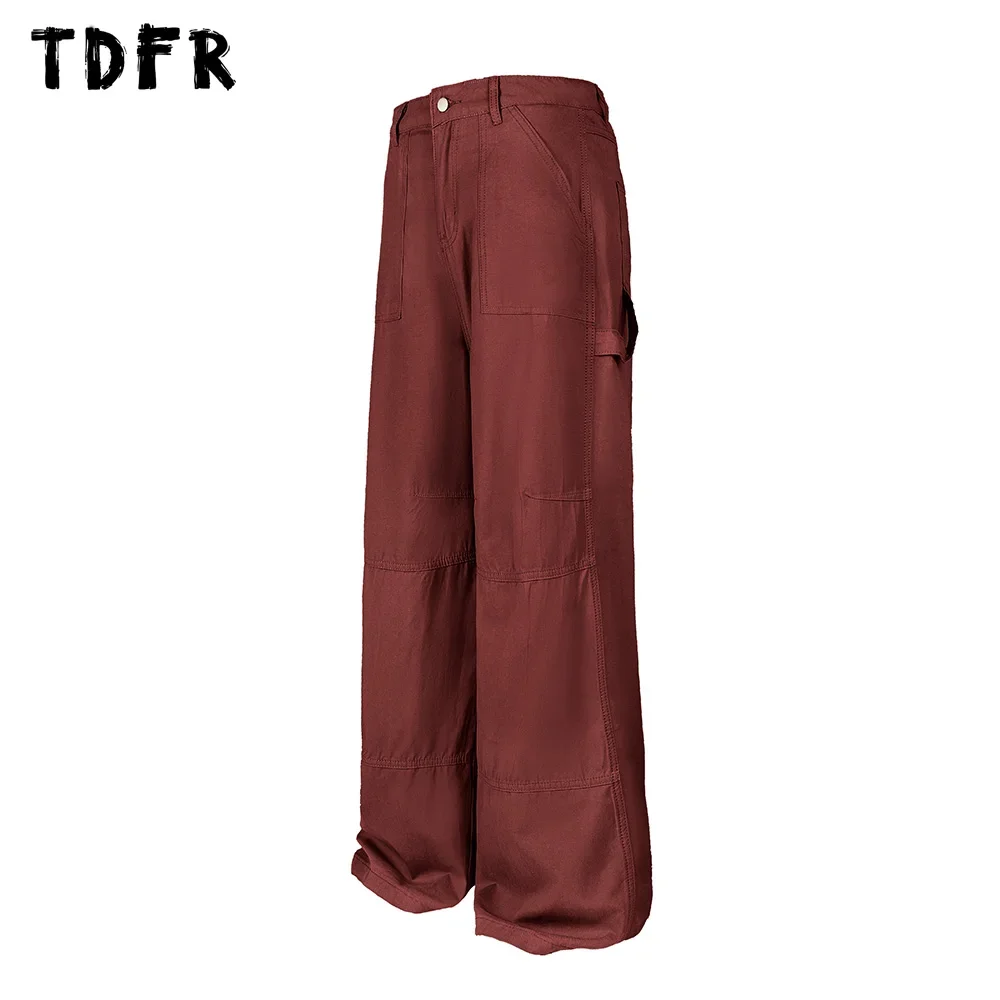 Solid Color Spliced Carpenter Pant Mens Pocket Retro Streetwear Loose Straight Wide Leg Cargo Trousers Men