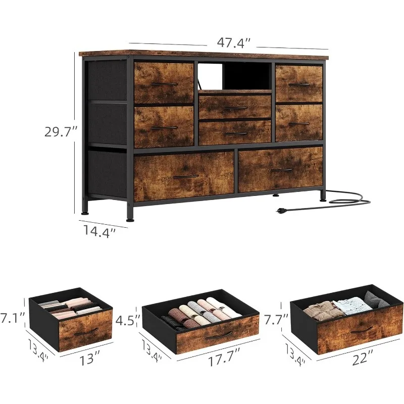 8 Dressoir Tv-Standaard Met Stopcontact En Led Voor 55 ''Tv, Lang Dressoir Voor Slaapkamer Met 8 Diepe Laden, Brede Console Tafel