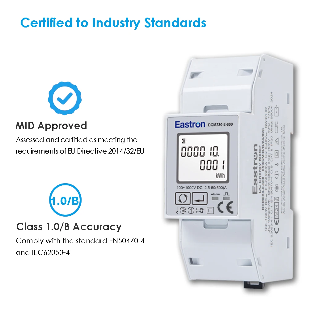 Eastron DCM230-2 Series MID Approved Single Load Modbus RS485 DC Energy Meter with 75mV DC Shunt