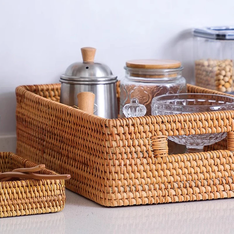 Hand-woven Rattan Wicker Basket, Fruit Tea Snack Bread Basket, Cosmetic Rectangular Storage Box, Household Kitchen Supplies