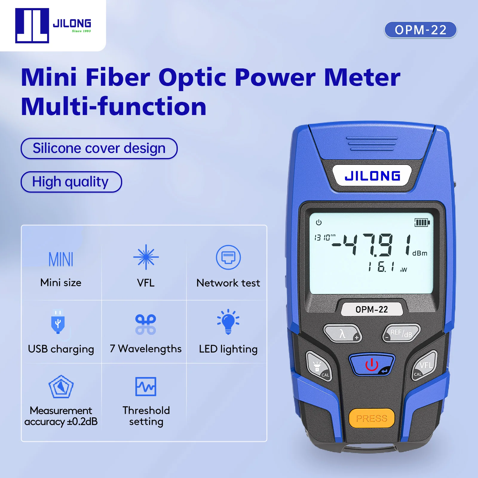 

JILONG Multi-function OPM-22 Fiber Optic Power Meter build-in LED With 7 Wavelengths Power Meter, OPM -70~+6dbm with 10mw VFL