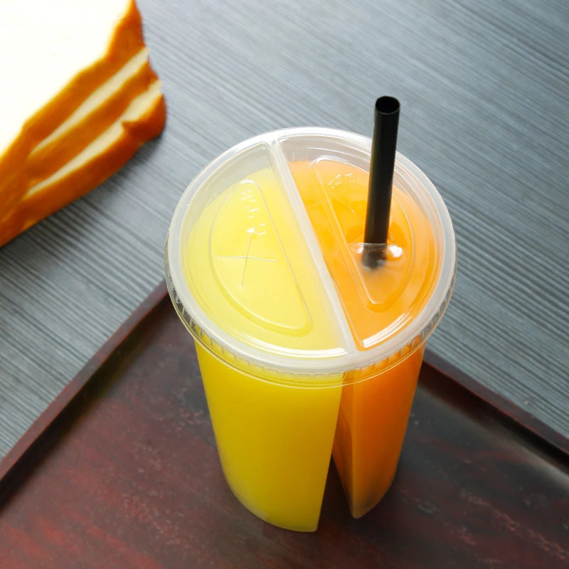 10Pcs 700ml Disposable Plastic Cups with Lids Double Grid Thicken Cup Couple Sharing Drinking Cup for Bubble Tea Boba Smoothie view 6