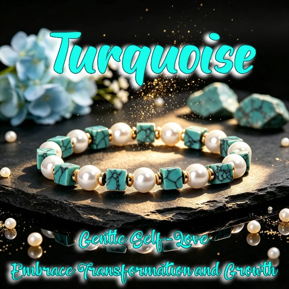 Turquoise Cube and Faux Pearl Beaded Bracelet – A Healing Crystal Bracelet for Gentle Self-Love and Personal Growth Jewelry