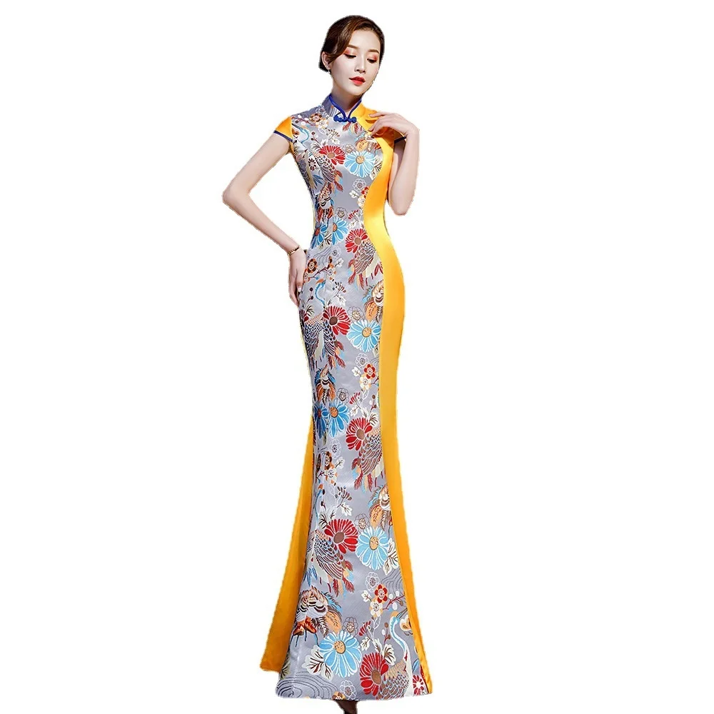 Sheng Coco Fishtail Cheongsam abito da sera ricamo cinese giallo modificato Cheongsam Walking Show Team Performance Dress