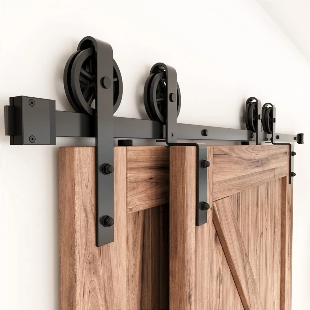 4-16FT Antique Style Bypass Sliding Wood Barn Door Hardware Kit Black Top Mounted Closet Slides Tracks Rollers for Double Door