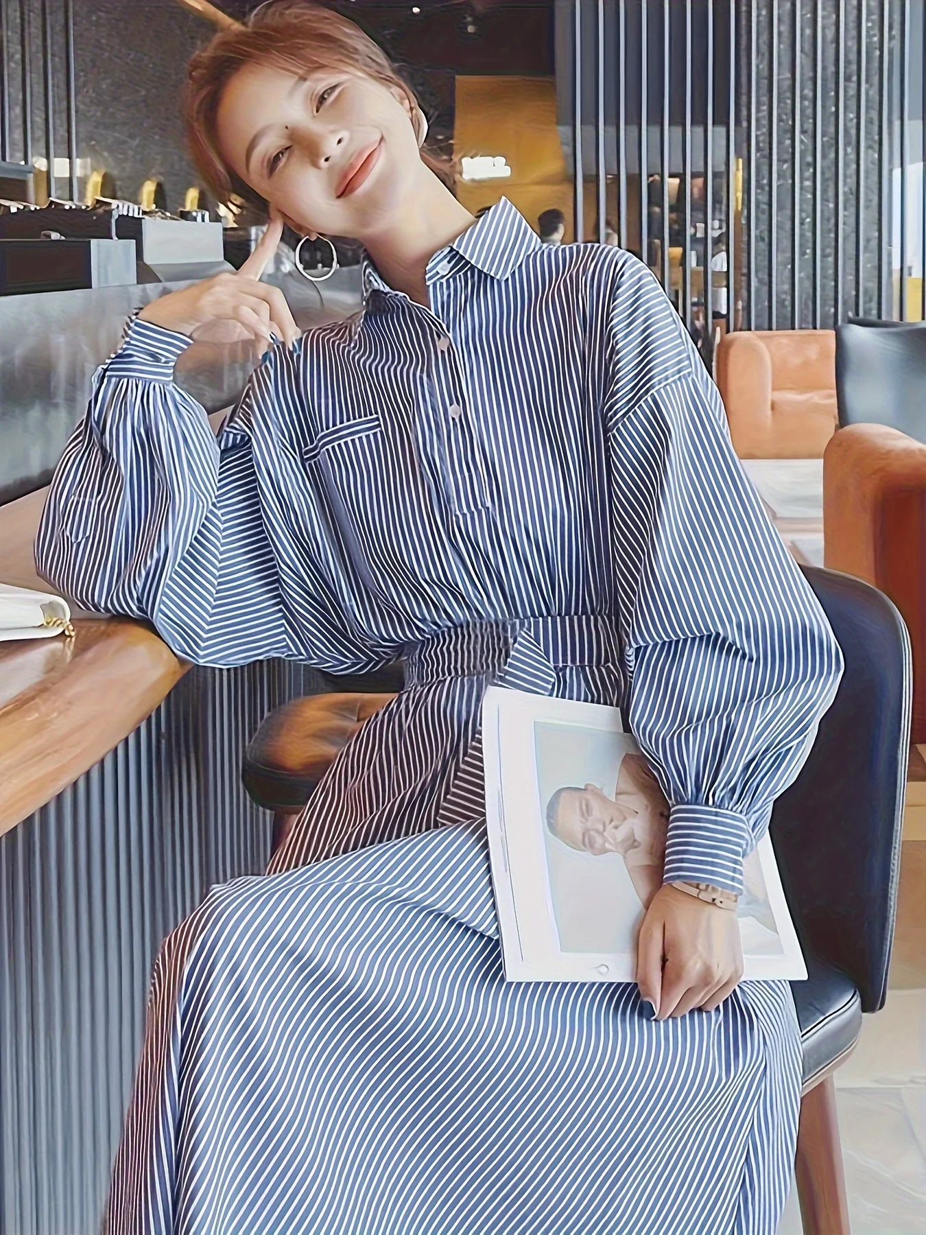 2025 ¡Nuevo! Vestido camisero azul y rayas blancas para mujer, ideal para primavera y otoño. Adelgazante con cintura ceñida, vestido largo de alta gama