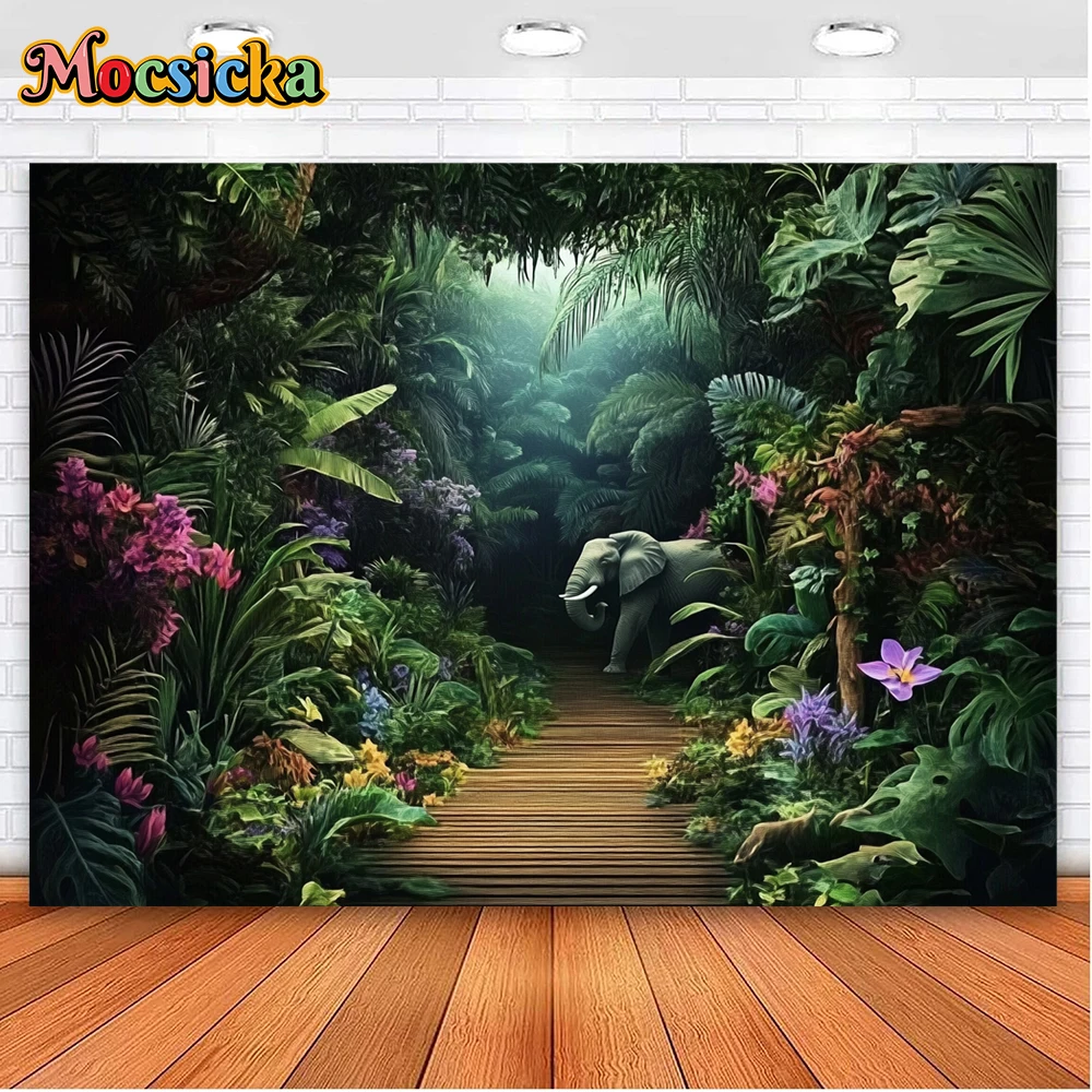 Mocsicka Enchanted Rainforest Lush Greenery Hidden Animals Wooden Path Elephant Tiger Dark Mysterious Depth Photography Backdrop