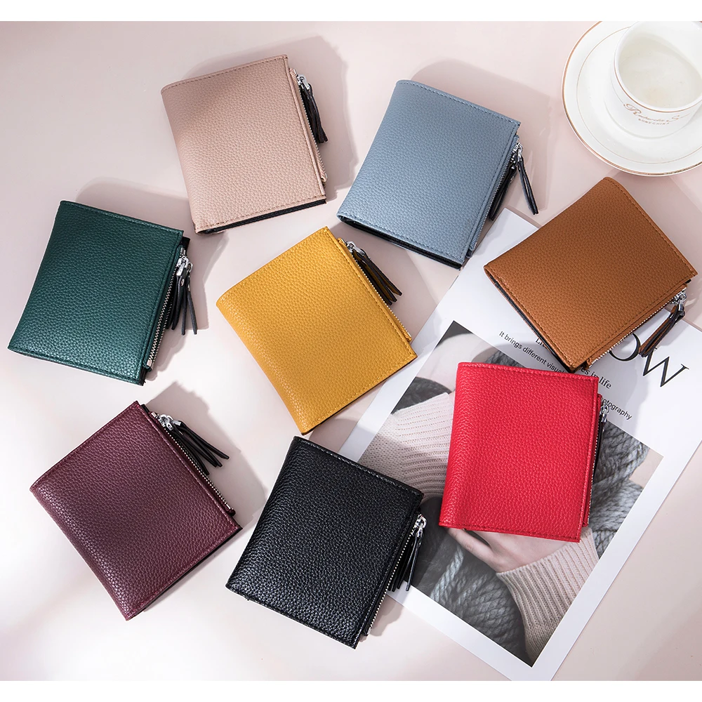 Genuine Cow Leather Double Zipper Pockets Ladies Short Wallet Quality Hasp Purse ID Card Holders Bill Cash Wallet Purse