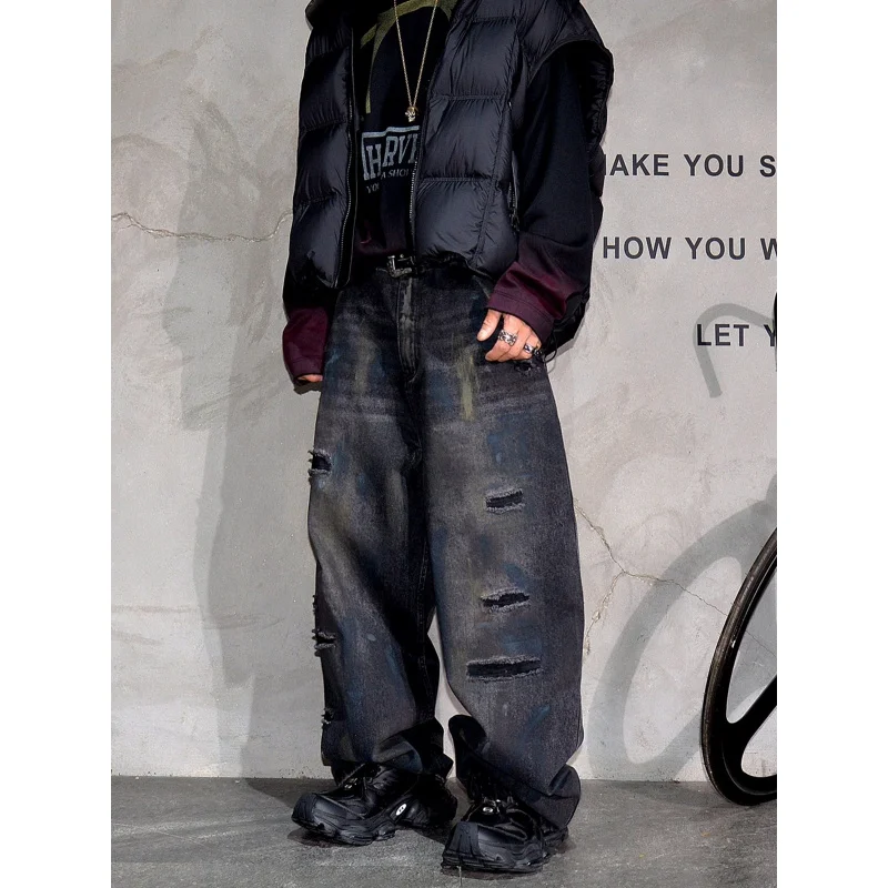 

Креативные джинсы с эффектом граффити, широкие, рваные, черные, мужские, стильные свободные прямые брюки в уличном стиле