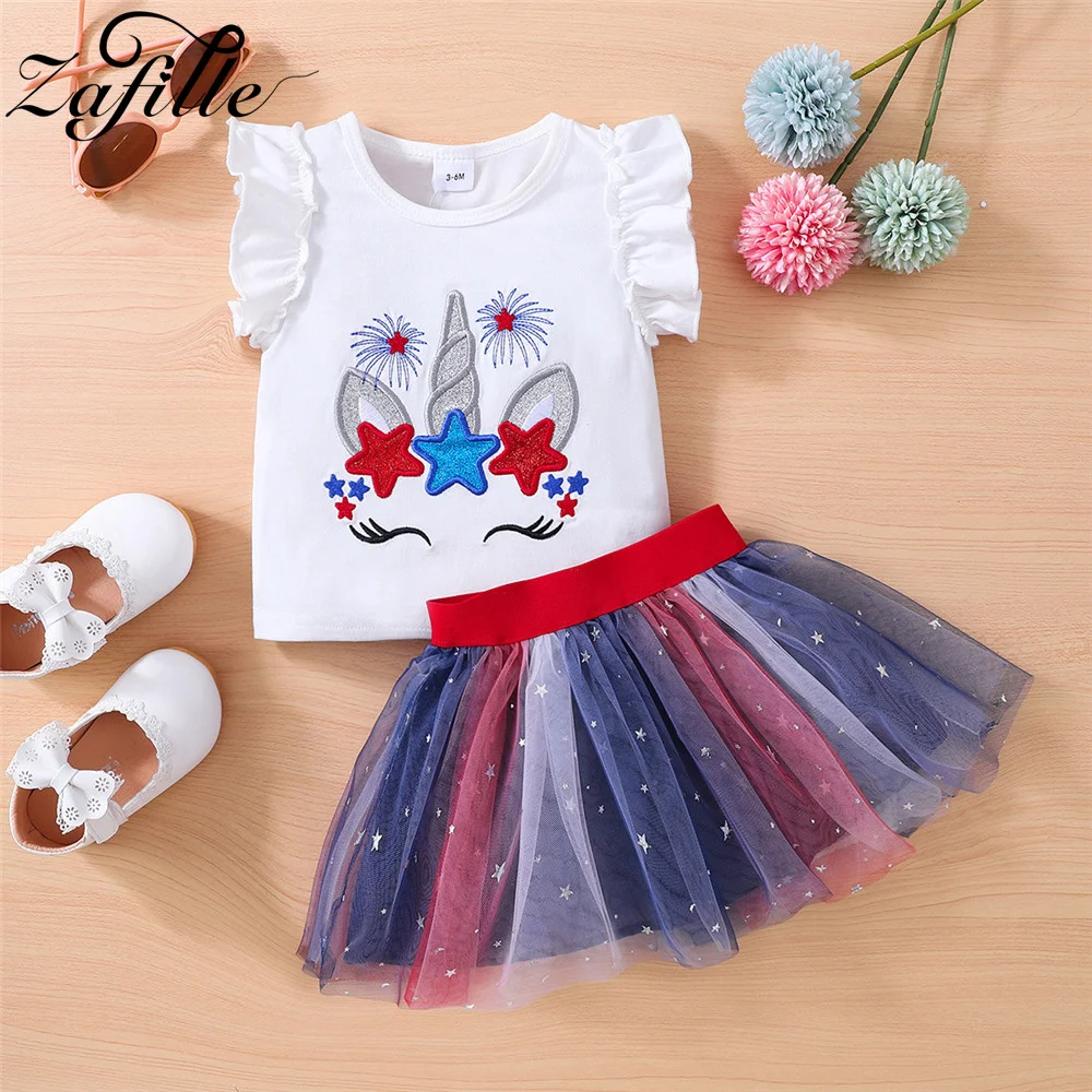 

ZAFILLE Birthday Costume For Babies Girls Suits Set Unicorn Print Top+Mesh Skirt Cute Kids Girls Clothing Summer Baby Clothes