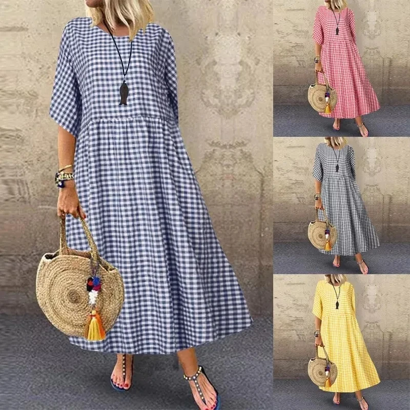 

2025 New Spring Elegant Plaid Short Sleeve Round Neck Loose Slim Literary Temperament Large Hem Women Dress