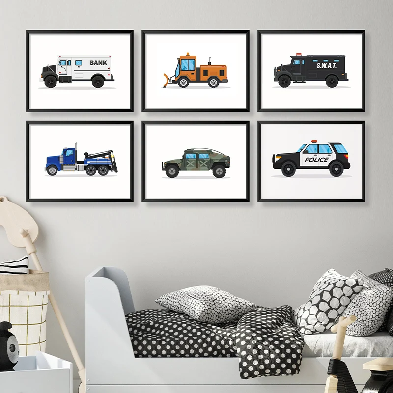 Fire Boat Police Car Snow Plow Truck Emergency Car Automotive Poster Canvas Painting Wall Art Picture for Boy Room Nursery Decor