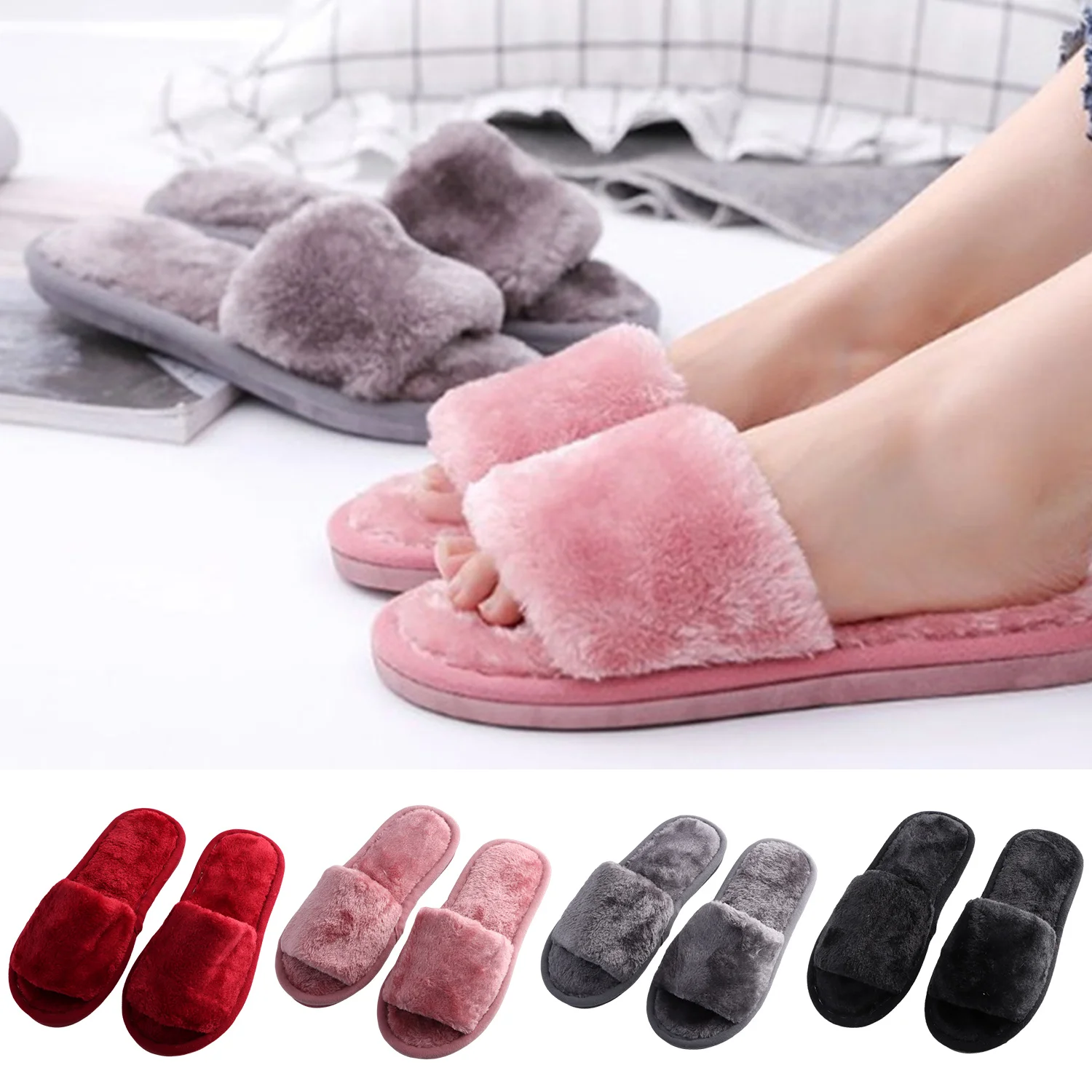 1 Pair Women Slippers New Fashion Plush Shallow Mouth Indoor Outdoor Flip-flop Casual Bedroom Solid Color Slides Shoes