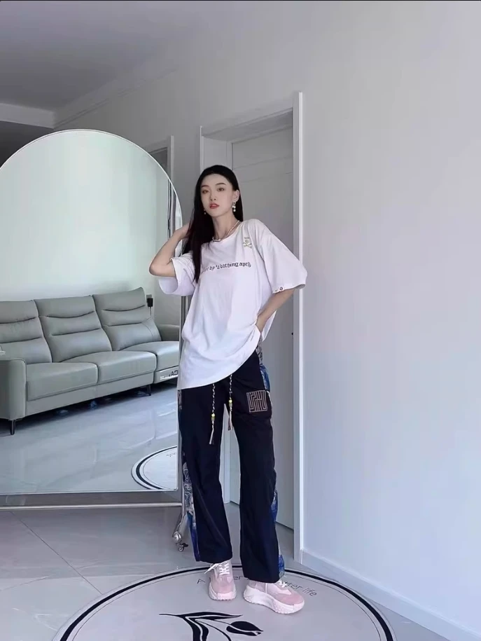 

New Chinese style trousers women's spring and autumn loose large size wide leg straight leg sweatpants sports casual pants
