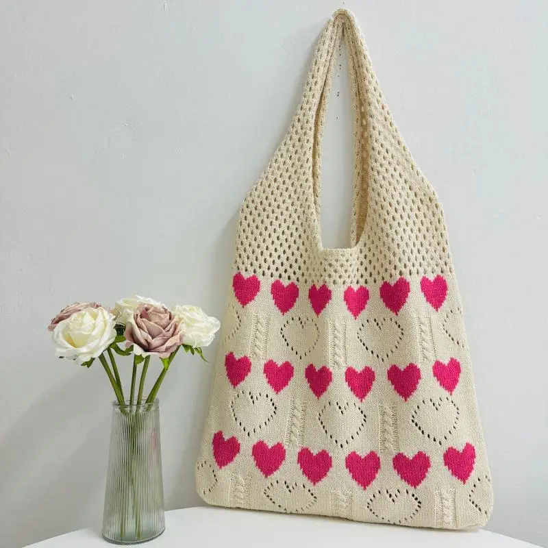 2024 New In Knitting Shoulder Bags Ladies Heart Pattern Handbags Casual Large Capacity Tote Bags Woolen Shopping Bags for Women