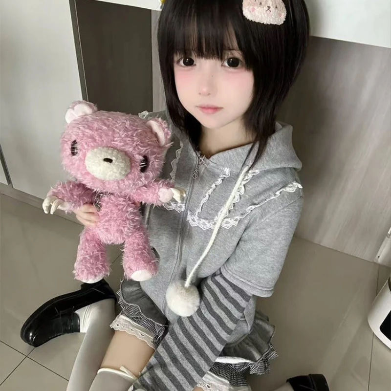Sweat à capuche japonais Y2k Kawaii à manches longues pour femmes, sweat-shirt décontracté en dentelle avec oreilles de chat, rayé, Patchwork, fermeture éclair, dessin animé doux, automne 2025