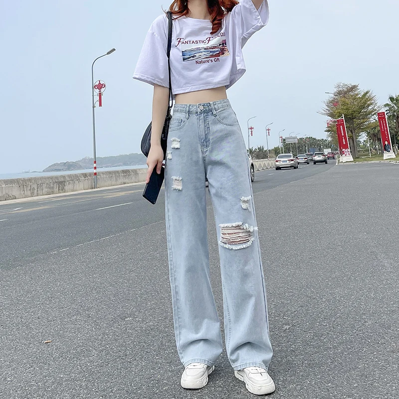 

Women Ripped Jeans Light Blue High Waist Casual Straight Denim Pants Spring Summer Female Loose Trousers Streetwear