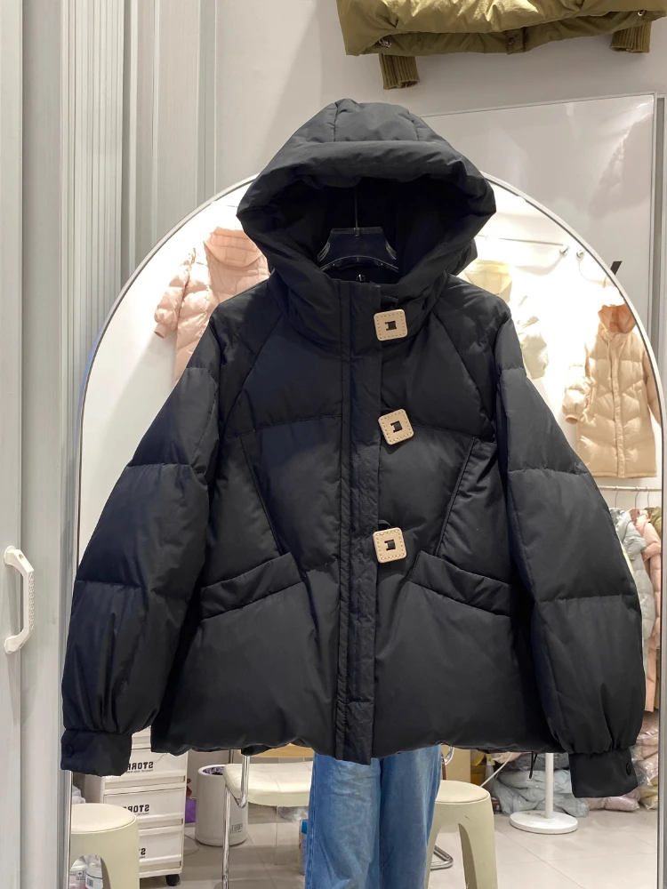 2025 신상 여성용 후드 스퀘어 버클 브레드 다운 자켓 패션 캐주얼 90% 화이트 덕 오버코트 겨울 아우터