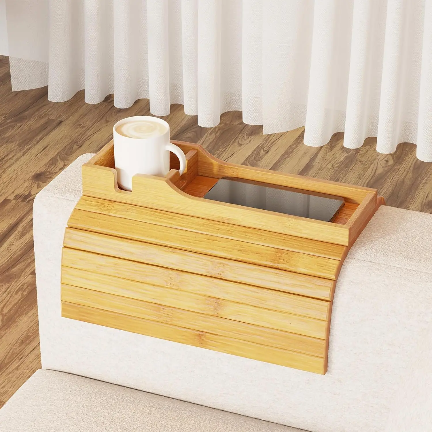 

Bamboo Couch Cup Holder, Anti Falling Foldable Sofa Armrest Tray With Cup Holder, Couch Arm Side Table Organizer For Drink Cup