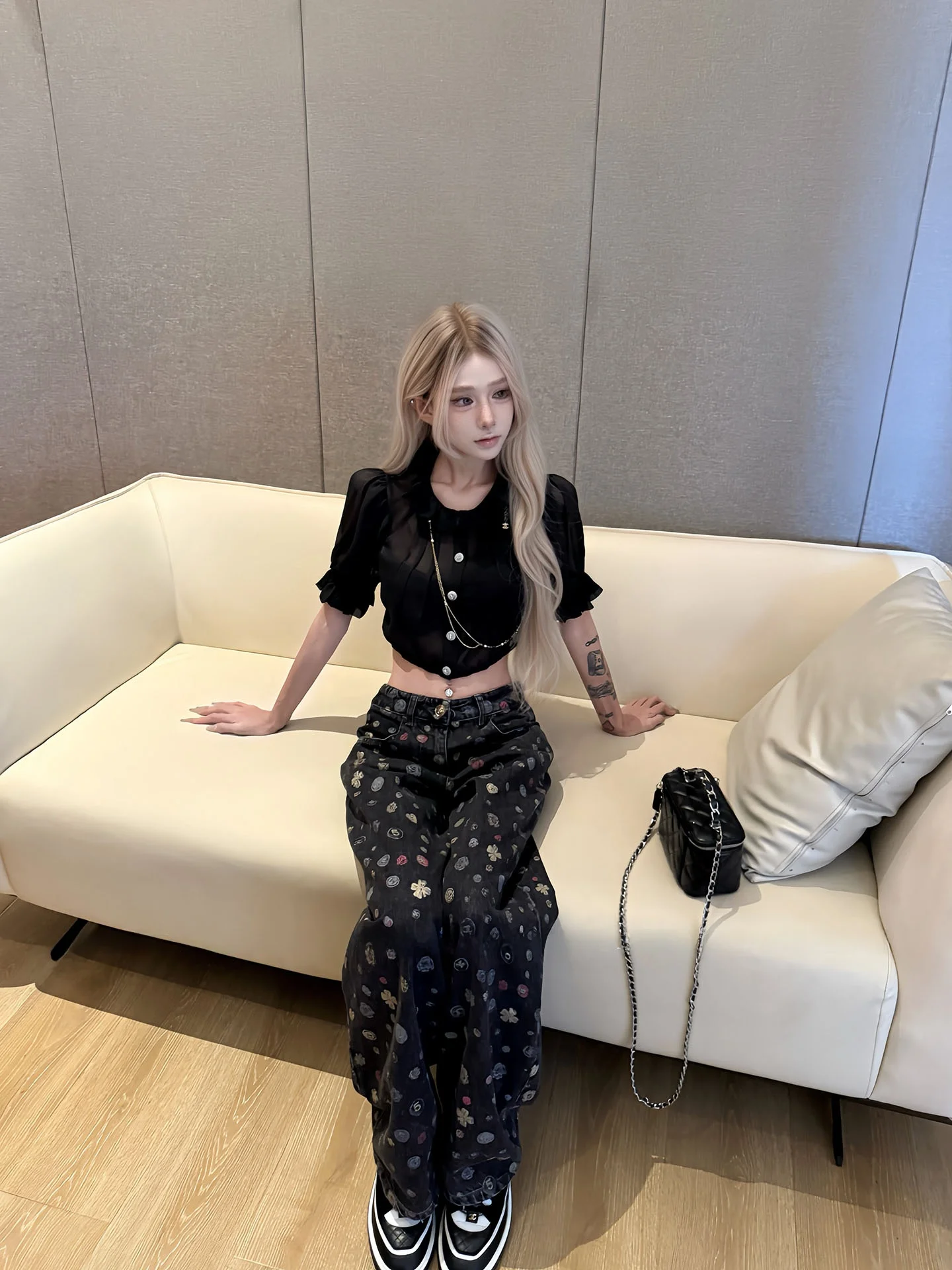 

High Waist Straight Leg Jeans fiti Camellia Print Loose Wide Leg Pants Autumn Winter New Sle Casual Loose Fit Trousers