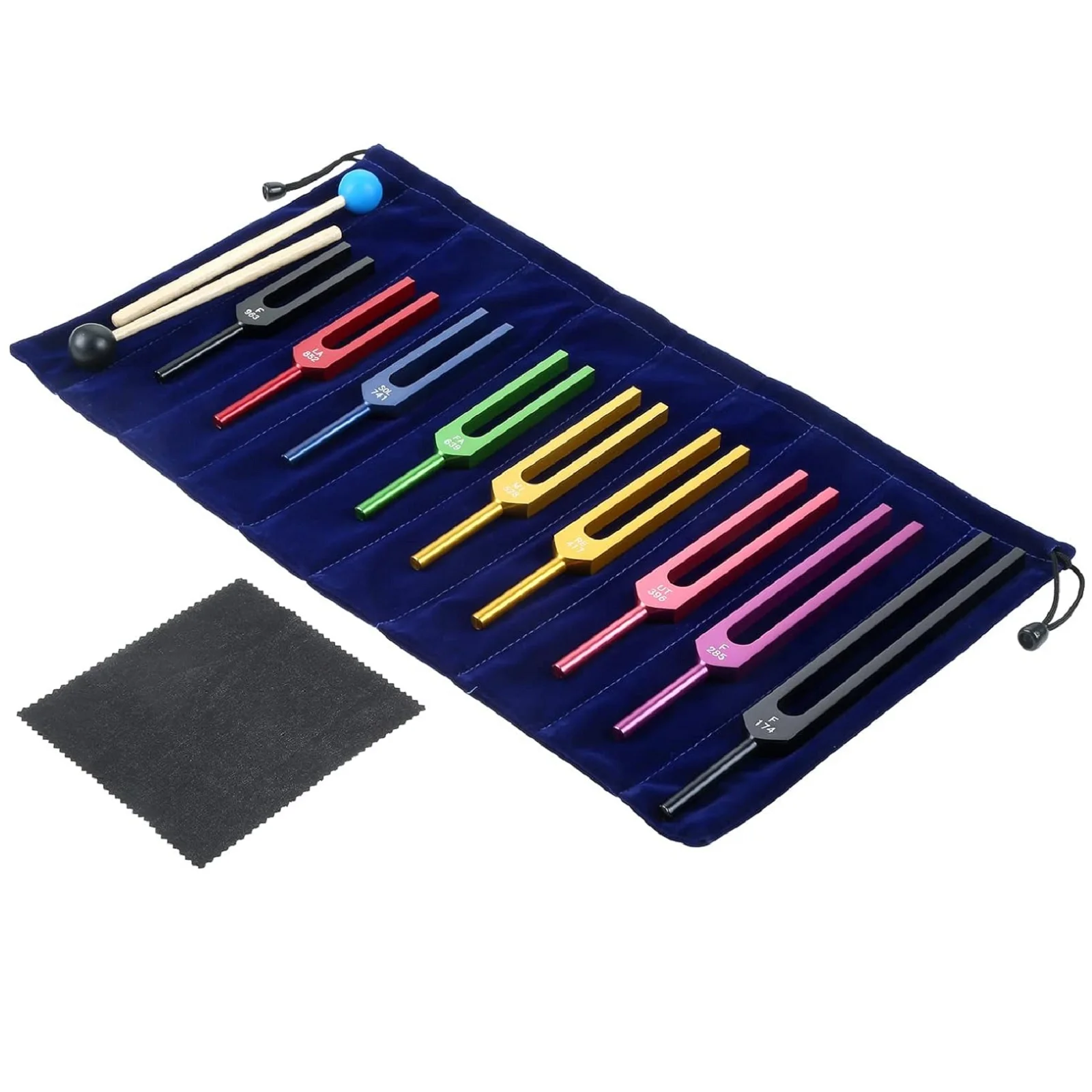 9pcs Solfeggio Tuning Forks and Silicone Hammer Storage Bag Set for Healing Sound Therapy(174/285/396/417/528/639/741/852/963Hz)