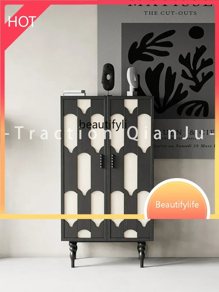 

a029 Solid wood dining side cabinet Bedroom locker French porch cabinet Vintage locker Black door cabinet