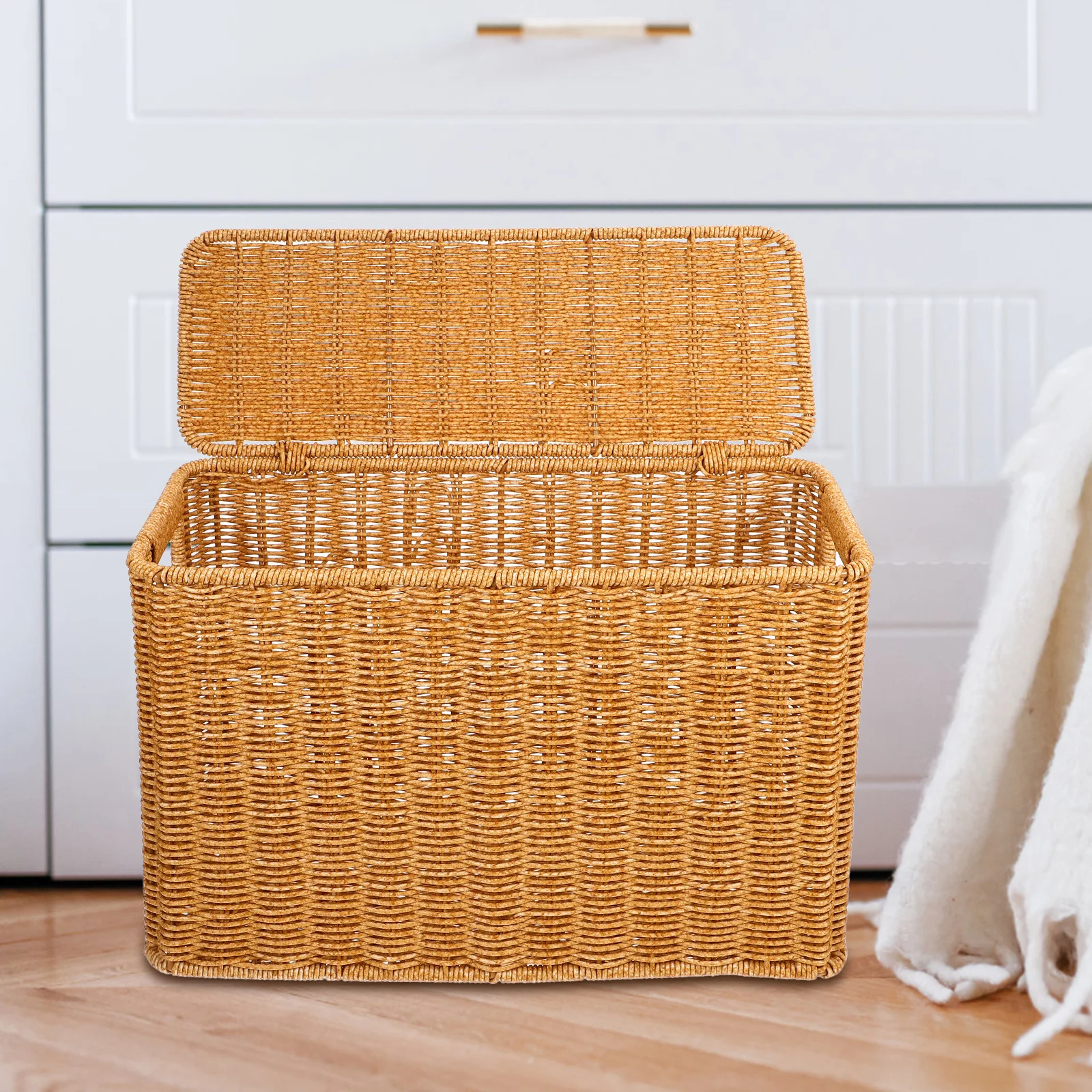 Multifunctional Woven Basket with Lid Storage Container for Kitchen Organizing Sundries Laundry Tabletop Decor