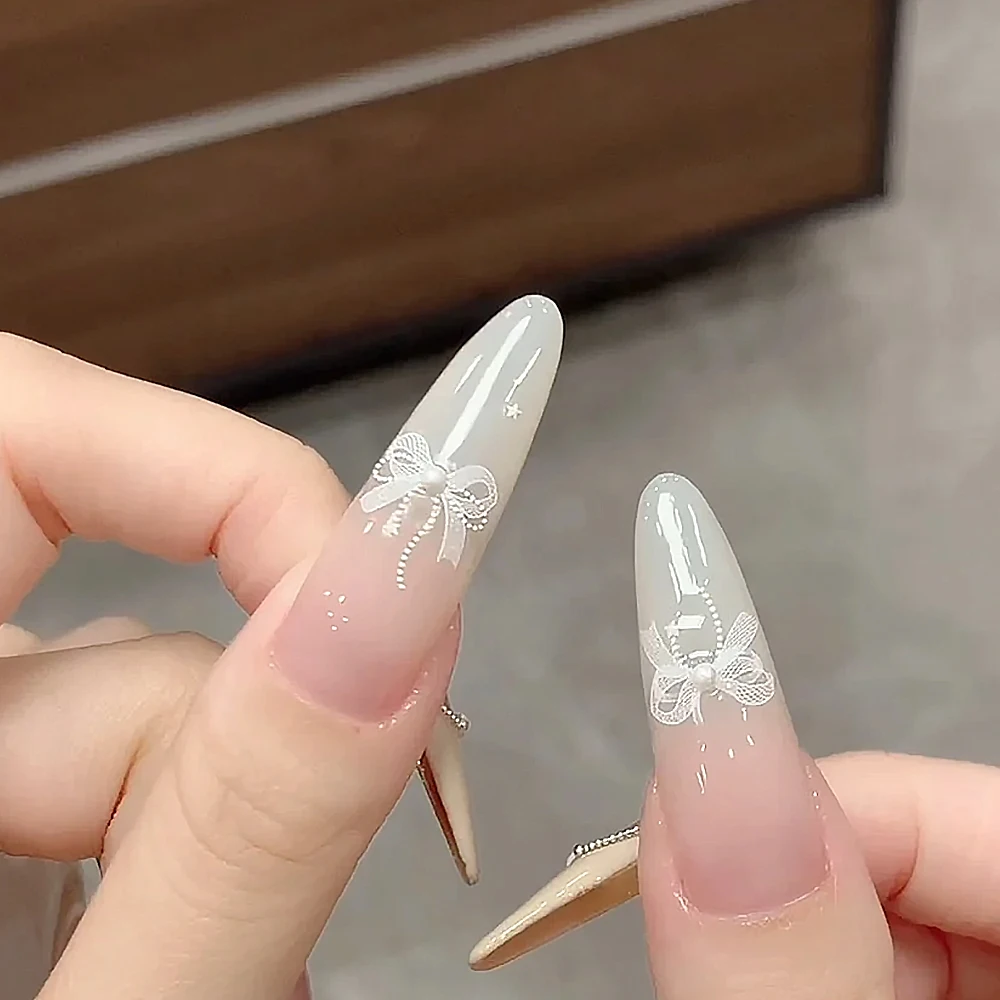 Autocollants pour ongles avec nœud papillon en dentelle blanche 5D, 1 pièce, élégant, Double couche, nœud papillon + perle, décalcomanies pour ongles, ruban auto-adhésif, décor de manucure