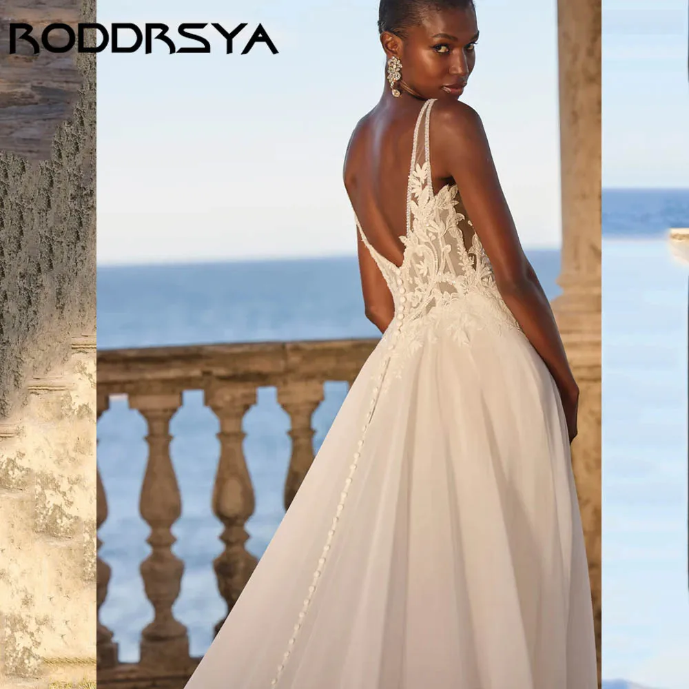 RODDRSY Senza Spalline Abito da Sposa A-line Scollo a V Chiffon Appliques Abiti da Sposa Backless Elegante robe de mariée Personalizzato