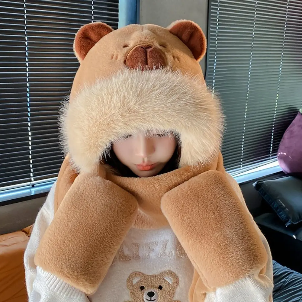 

Earmuff 3 in 1 Capybara Hat Scarf Set Panda Cartoon Scarf Hat Glove for Women Warm Cute Cartoon Hat Winter