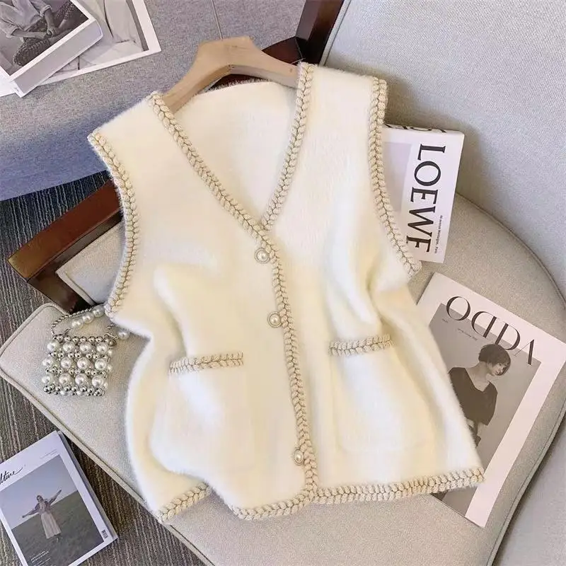 Vest Women's 2023 New V-neck Knitted Vest Mink Fleece Sweater Women's Spring and Autumn Wear Vests Tank Top