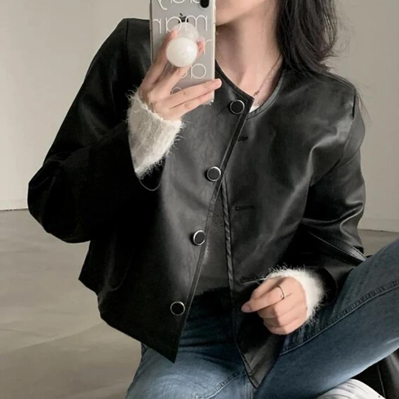 Chic Vintage round Neck Loose Casual Long Sleeve PU Leather Biker Jacket Women Spring Commute Style Fashion Outerwear