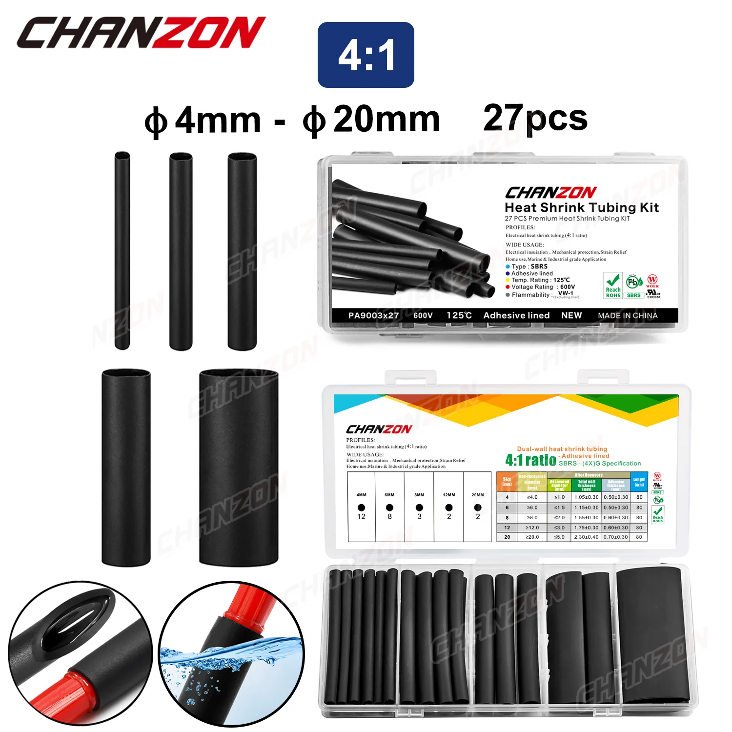 5 Size 4:1 Heat Shrink Tube Kit With Glue Dual Wall Adhensive Lined Waterproof Wire Protector Shrinking Wrap Hose Assorted 27Pcs