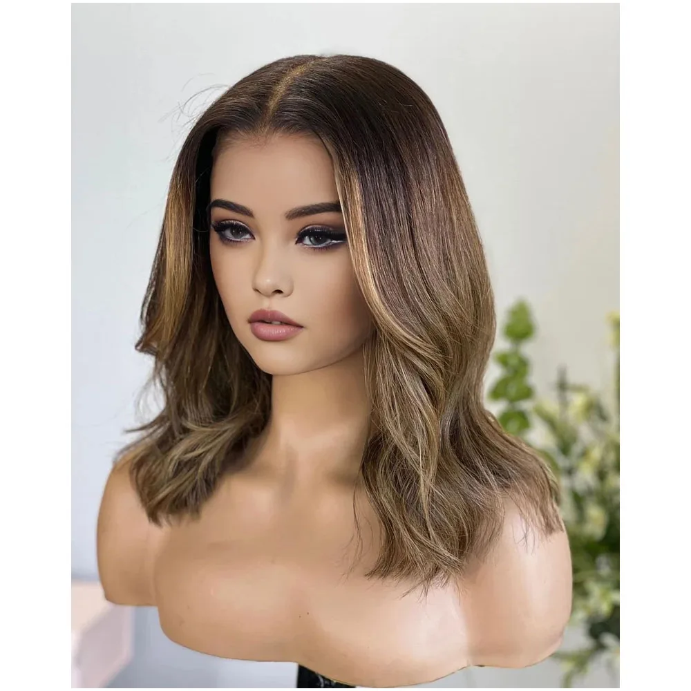 

Bob Soft HIghlight Brown Short 5x5 Silk Base 14“ Body Wave Jewish Human Hair Wig With Baby Hair HD Lace European Hair Preplucked