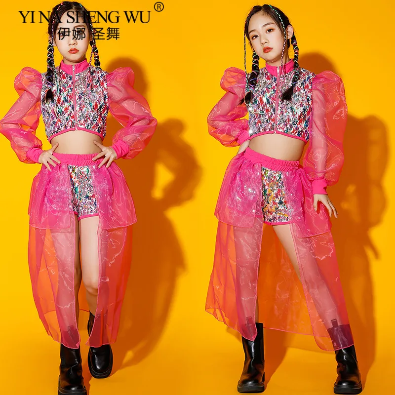 Jazz-Tanzkostüm für Mädchen, bunte Pailletten, Puffärmel, Tanz-Performance-Kleidung, 2026, neuer Kinder-moderner Hip-Hop-Street-Dance-Anzug