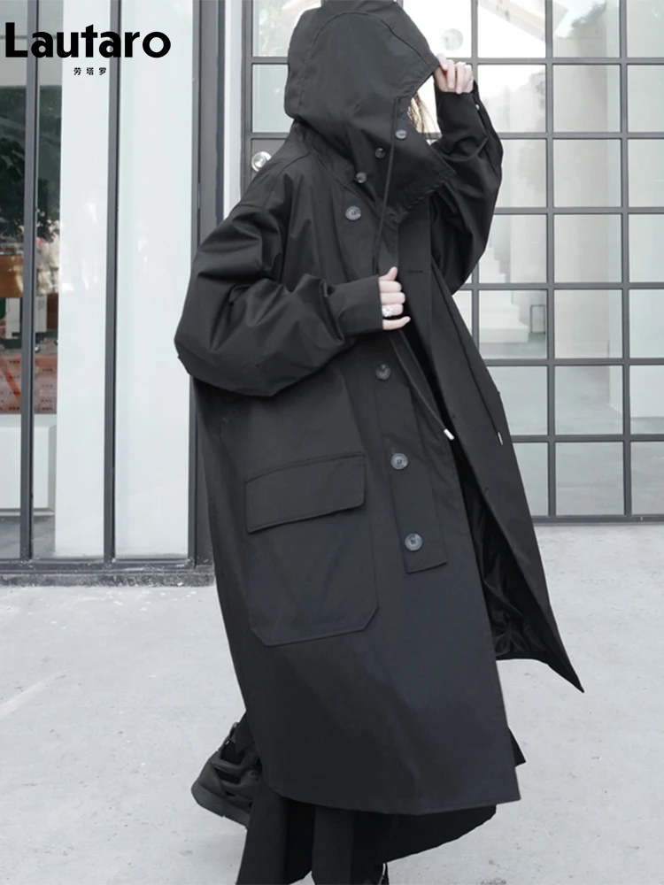 Lautaro Spring Autumn Long Oversized Black Trench Coat with Hood Dark Academia Aesthetic Luxury Designer Clothes for Women 2022