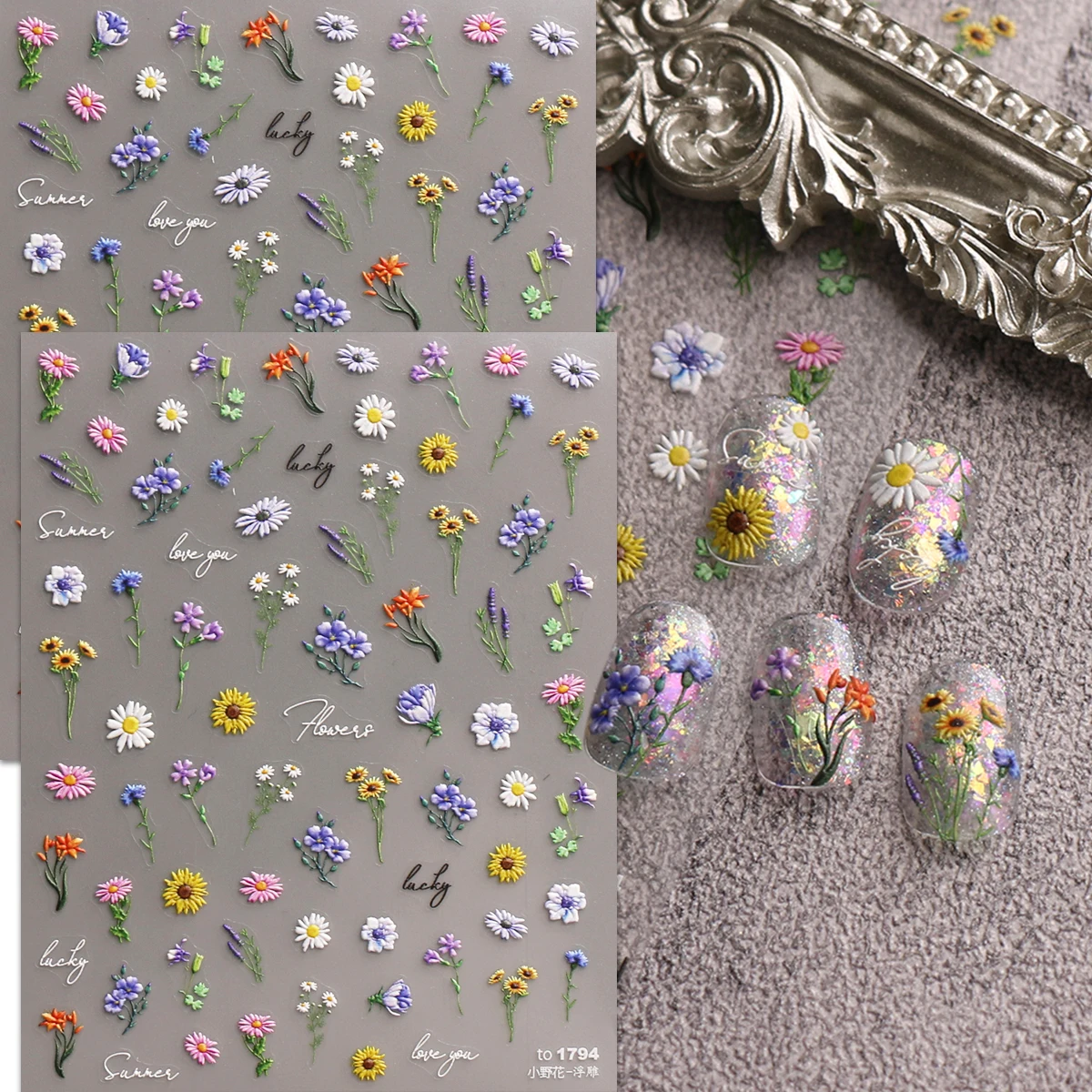 

2pcs spring and summer small flower embossed nail art stickers, easy to apply for nail decoration, DIY, gift, wedding party，Y2K