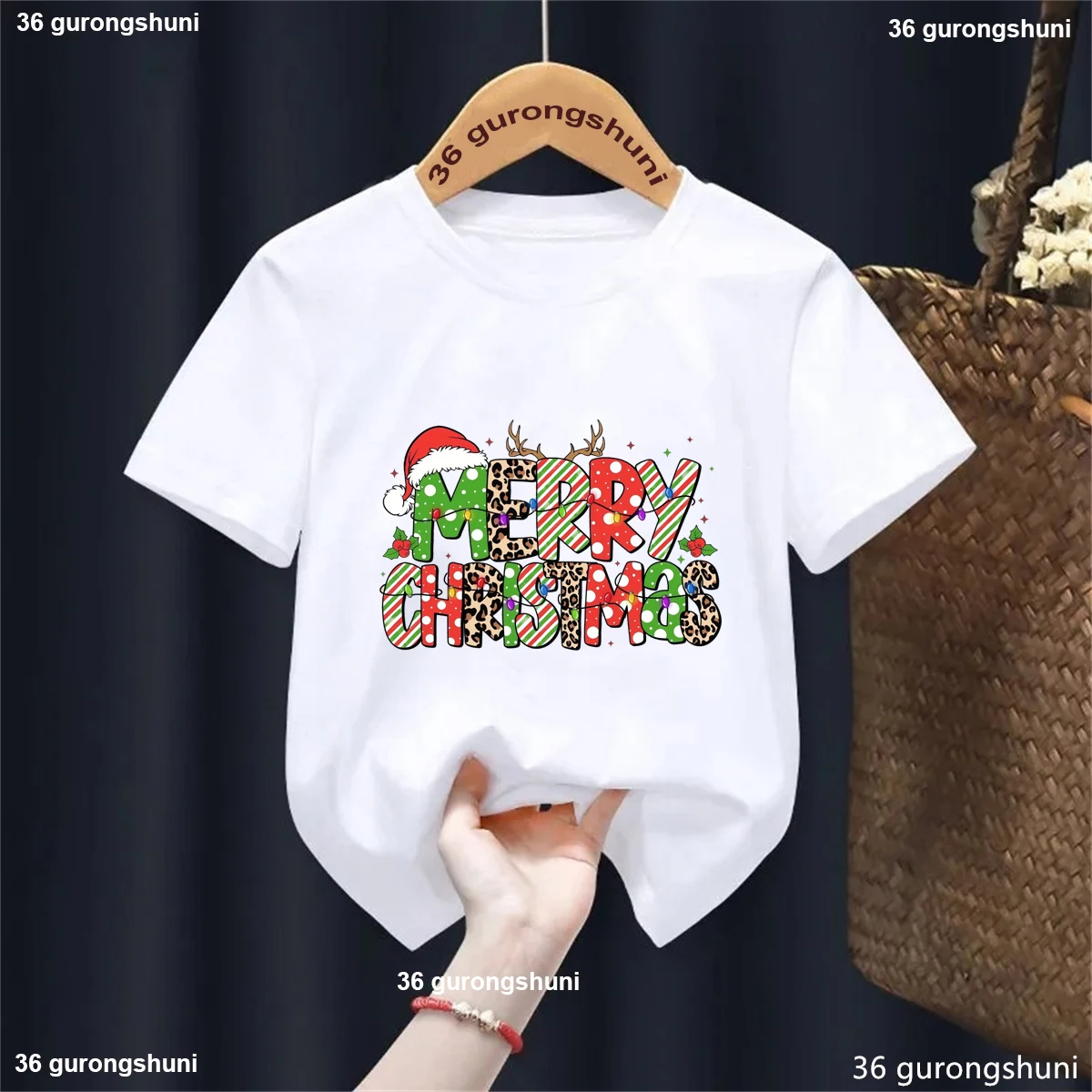 Merry Christmas Kids T-Shirt Leopard Striped Letter Print Clothing Boys Girls Santa Hat Reindeer Antlers Holiday Party Tshirt