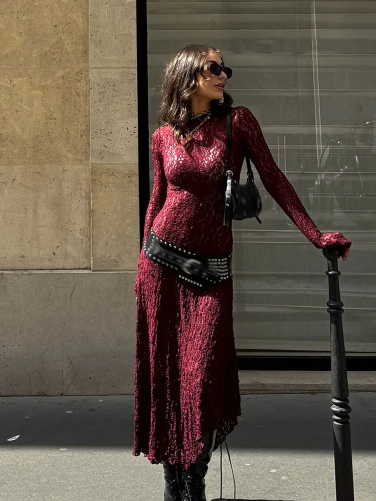 HH Vrouwen Lente Solid Achterrits Party Midi Jurk Vrouwelijke Elegante Lange Mouwen Asymmetrie Kant Decoratie Sexy Avondjurk