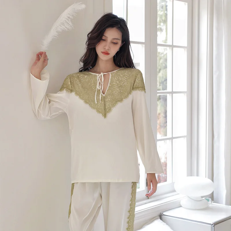 SXTHAENOO Fashion Loose Lace Sleepwear Long Sleeve Clothes Homewear Cute Pajamas for Women Warm Spring Green White Pajama Sets
