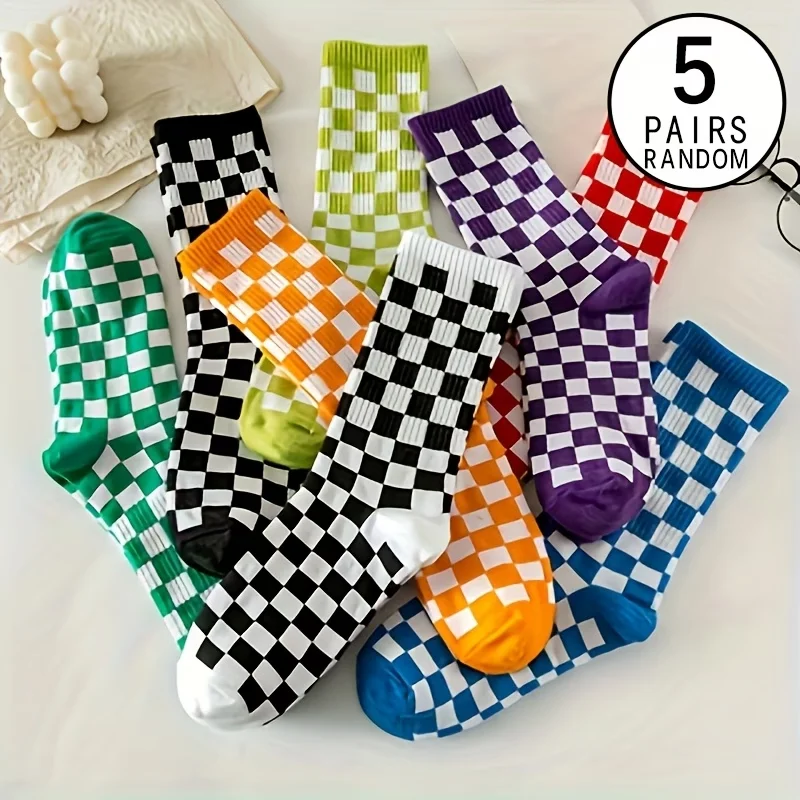 5 Pairs of Random Color Women's Checkerboard Style Crew Socks Colorful Checkered Small Leg Socks Harajuku Street Casual Socks