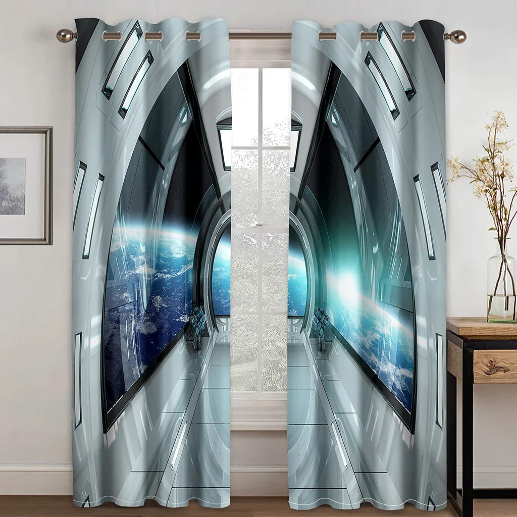 Universe Sci-Fi Space Capsule Spaceship Door Two Drape Thin Window Curtains for Living Room Bedroom Decor 2 Pieces Free Shipping