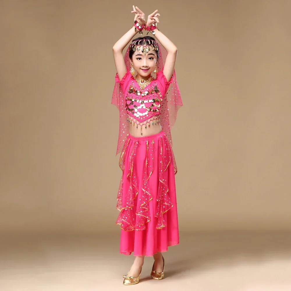 ชุดเต้นระบำหน้าท้องแบบตะวันออกสำหรับเด็ก ชุดเต้นระบำหน้าท้องสำหรับเด็กผู้หญิง ชุดฝึกซ้อมและแสดงแบบอินเดีย บอลลีวูด 6 ชิ้น/ชุด H017